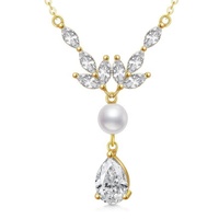 Bijoux fins en or jaune massif 9k collier pendentif en zircon de perles d'eau douce de mariée en gros