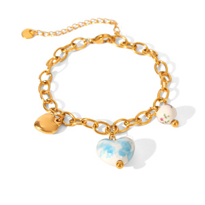 Juego de Joyería de Acero Inoxidable Chapado en Oro de 18K con Collar de Corazón de Cerámica, Pulsera y <span class=keywords><strong>Pendientes</strong></span> Colgantes para Mujer, Antideslustre, para Uso Diario, Regalo para Fiestas - Product Image 5