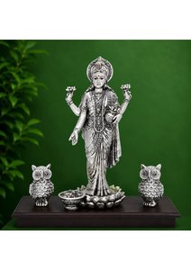 Silver Plated Goddess Lakshmi Idol with Owl Hindu Religious Statue for Diwali Puja Home Temple Decor Gifting Festival Item - Product Image 5