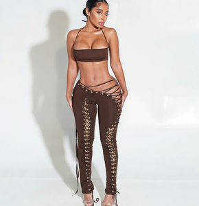 X22963C Sexy Bandage Patchwork Conjuntos de 2 piezas Traje de mujer Halter Sin mangas Crop Tops y pantalones Traje a juego Ropa de calle femenina - Product Image 6