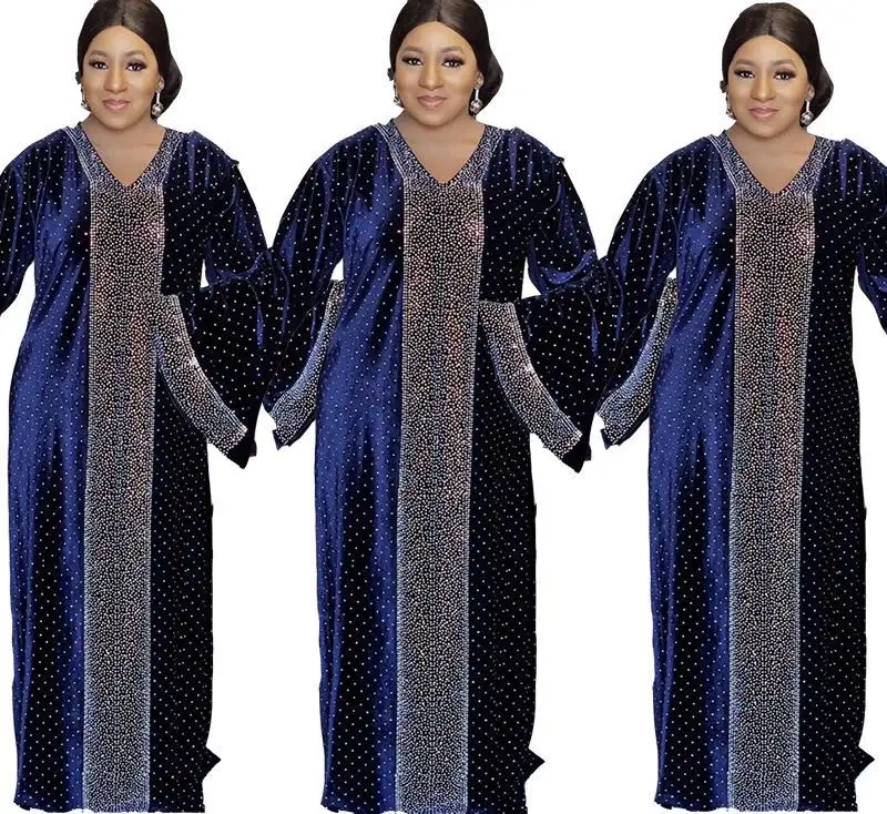 2021 neue Mode Muslim & American & Turkey Frauen Abaya V-Ausschnitt sexy Laterne Ärmel Robe Strass