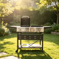Barbecue à gaz 5 brûleurs avec plaque de cuisson intégrée et table latérale, chariot portable, barbecue d'extérieur pour jardin, terrasse, camping