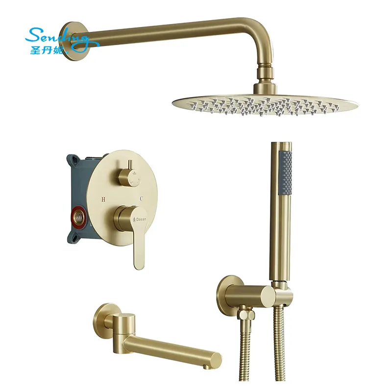 Tub Shower Faucets Sets Complete Brushed Gold Modern Wall Concealed Rain Brass Shower Faucet Sets with Rough-in Valve