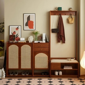 French Retro Solid Wood Rattan Shoe Cabinet With <b>Drawers</b> Space Saving Entryway Storage For <b>Small</b> Apartments Home Use - Product Image 2