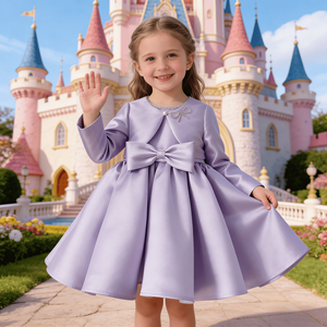Abito da festa <span class=keywords><strong>lilla</strong></span> a maniche lunghe per bambina, con fiocco, in raso, modello A-line, per damigella d'onore - Product Image 3