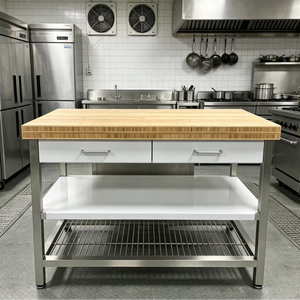 Catering 3-Layer Bamboo Top Workbench Moisture-Proof Bamboo Surface Kitchen <b>Work</b> <b>Table</b> with Drawers - Product Image 1