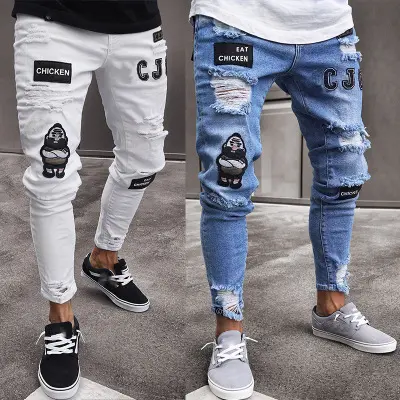 Men Stretchy Ripped Skinny Biker Embroidery Print Jeans Destroyed Hole Taped Slim Fit Denim Scratched Man Denim Jeans