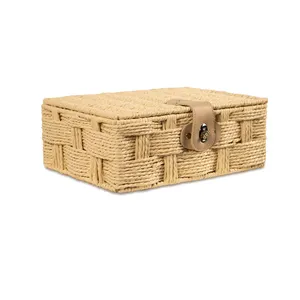 JY Storage Round Paper Rope Storage Baskets Rectangular Wicker Baskets with Built-in Handles Iron Frame Basket