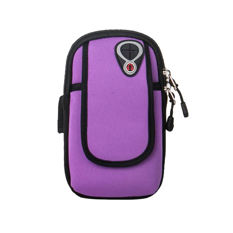 Funda impermeable de neopreno con doble bolsillo para teléfono móvil, brazalete para correr, color púrpura