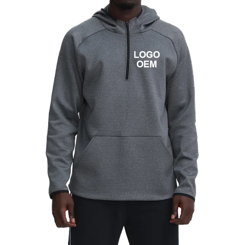 Polyester Spandex 1/4 Quarter Zip Long Sleeve Hooded Sweatshirts with Kangaroo Pocket Men Pullover Sports Gym Hoodies