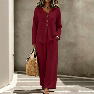 Costume décontracté pour femmes, bleu ciel, manches longues, col en V, ensemble pantalon, style fashionista de rue, S M L XL XXL, couleur unie - Product Image 4
