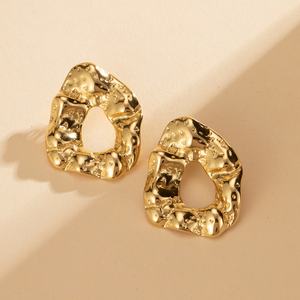 Customizable 18K <b>Gold</b> Plated Stainless Steel Fashion Jewelry Irregular Hammered Texture <b>Chunky</b> Hollow <b>Hoop</b> Earrings for Trendy - Product Image 1