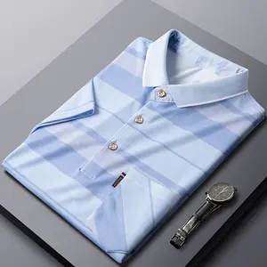 Polos de diseño para hombre, camisetas 100% de algodón con estampado a rayas, polos de talla grande con bolsillos, logotipo personalizado bordado