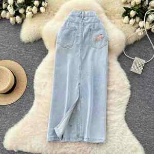 Jupe droite en jean brodée pour femme, taille empire, respirante, antistatique, durable, séchage rapide, 260g – Collection Été 2025 - Product Image 4