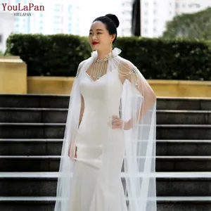 YouLaPan VG03T بالجملة للنساء الصيف كاب 3 متر طويل أبيض أجنحة تول سترة مع قلادة حفل زفاف شاو