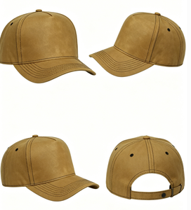 Casquette de baseball unisexe en cuir PU délavé vintage kaki, vierge, réglable, à visière incurvée, 6 panneaux - Product Image 4