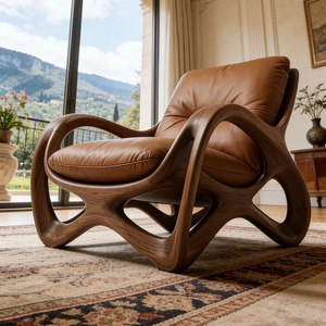 Poltrona in Legno Curvato con Rivestimento in Pelle Marrone, Sedia Lounge per Arredamento Casa - Product Image 3