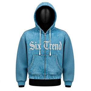 Sudadera con capucha y cremallera personalizada con lavado ácido, de invierno, de gran gramaje (400 g/m²), 100% algodón polar, con estampado de letras góticas y mangas con tachuelas, estilo streetwear. - Product Image 1