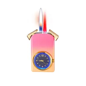 Groothandel Magic Dubbele Vuur Aansteker Persoonlijkheid Creatief Metalen Opblaasbare Horloge Klok Aansteker Modieus Mannen Geschenk