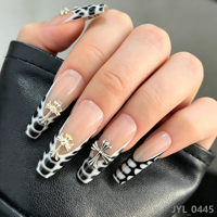 Faux ongles à presser longs forme cercueil, motif croix gothique, breloques métalliques, faits main, marque privée, vente en gros