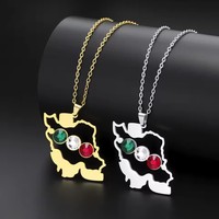Collier pendentif carte de l'Iran en acier inoxydable avec motif mains entrelacées, émail coloré, bijoux patriotiques pour hommes et femmes