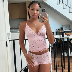 Vanfound 10022 Bộ quần short 2 món mùa hè thường ngày cho Nữ Bộ đồ ngủ vải thun/Polyester ren in hoa dáng ôm cổ chữ V - Product Image 2