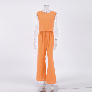 Pigiama da letto arancione QINSI due pezzi set Casual senza maniche O collo biancheria da notte in cotone 2025 pigiama ampio - Product Image 4