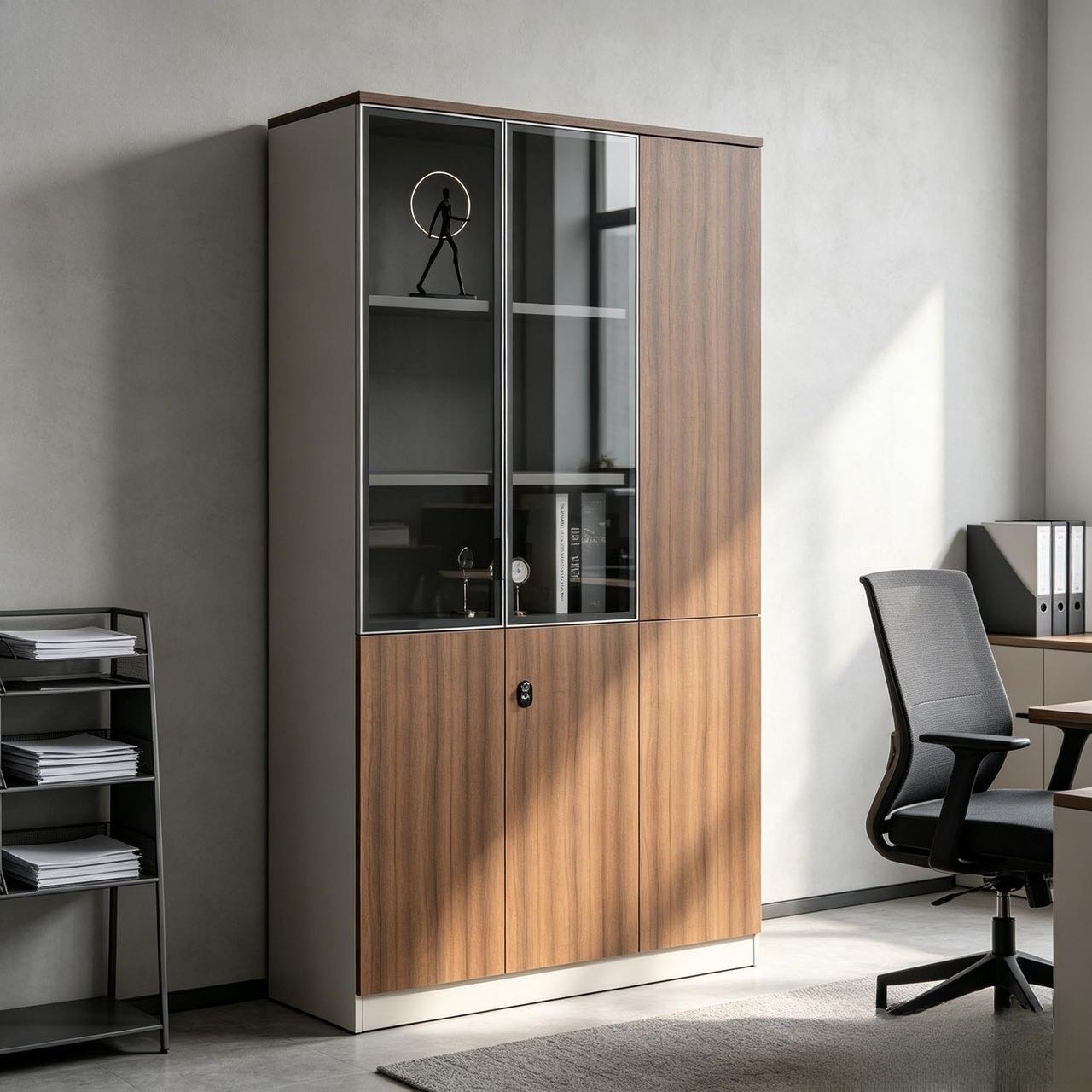 Movable File Cabinet with Glass Door – Solid Wood Storage Cabinet with Code Lock for School & Office - View 2