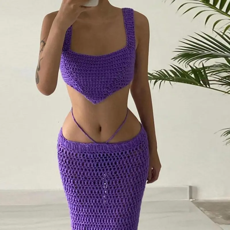 Purple Bandage Knitting 2022 two piece Sexy Vest Crop Tops shirts With Dresses Women dress set