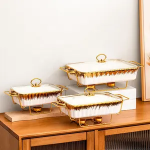 Leichter Luxus-Warmtopf im Nahenöstler Stil Buffet Suppenopf weiß und gold Keramik-Reibegeschirr-Set Speisenwärmer mit Deckel