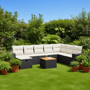 Ensemble de canapés de jardin noir et crème avec rangement, mobilier d'extérieur en rotin PE tressé, coussins imperméables, design contemporain - Product Image 2