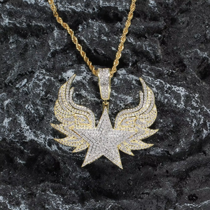Large Winged Star Pendant, Copper CZ Encrusted Star Necklace, Hip Hop <b>Iced</b> Out Jewelry - Product Image 4