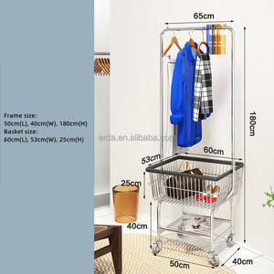 Support de rangement en fil métallique pour majordome de blanchisserie avec panier à linge roulant et porte-manteau pour la cuisine, la chambre et le couloir - Product Image 3