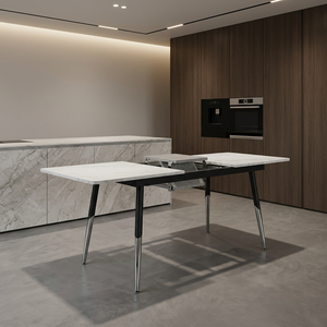 Modern Extendable Marble Dining <b>Table</b> White Top Butterfly Mechanisma Black Chrome Metal <b>Legs</b> Space Saving Furniture for 6-8 Pers - Product Image 2