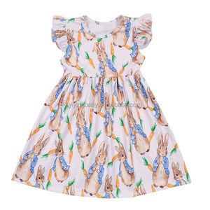 שמלת משי חלב אוסטר אישית עבור בנות הקיץ קיץ מודפסת ארנבת מזדמנים עם שרוולים ruffle הסיטונאי לילדים - Product Image 4