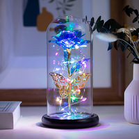 Cadeau personnalisé rouge et bleu pour la Saint-Valentin, la fête des mères, un mariage, fleurs artificielles préservées, roses galaxie, couverture en plastique, LED