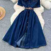 Robe Tunique Décontractée Mi-Longue en Jean Tissé Vintage Respirant et Lavable à Col Rabattu et Manches Courtes, Coupe Trapèze, Collection Printemps Durable