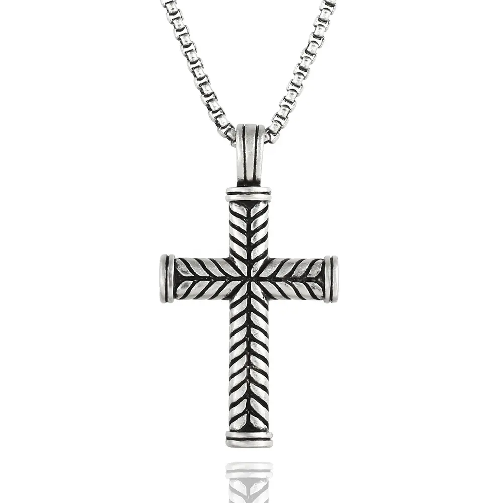 Sculpted Grooved Dovetail Stainless Steel Cross Pendant Charm Vintage Antique Silver Plated With Box Chain For Men