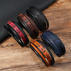 Hot Selling Charm Bracelet Multi-Layer Navy Blue Anchor Leather Hand Woven Classic Style Bracelets for <b>Men</b> - Product Image 1