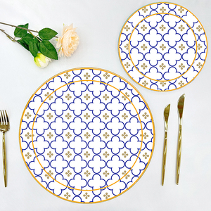 Platos de Cerámica Azules con Borde Dorado, Vajilla de Porcelana Personalizada, Platos Decorativos con Flores, Platos Redondos de Cerámica - Product Image 1