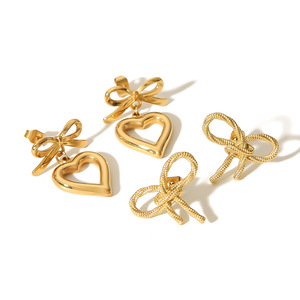 Pendientes con forma de corazón y lazo, chapados en oro de 18 quilates, para mujer, regalo, joyería, accesorios de moda - Product Image 5