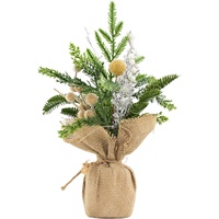 Décoration de table de Noël faite à la main avec pot en toile de jute, accents de baies dorées et branches givrées, style ferme