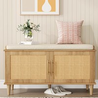 Banc de rangement pour chaussures en rotin tressé style bois naturel personnalisé avec armoire pour entrée de maison, couloir, hall d'entrée, meuble panneau