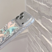 Coque de protection 3D Étoile de mer et Coquillage avec strass pour iPhone 18 17 Pro Max 16 15 14, motif Perle Océan, avec cordon