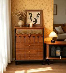 Mueble de Almacenamiento de Madera Sólida Estilo Moderno de Mediados de Siglo, Paneles Florales, Puertas Planas, Tamaño Personalizado Disponible para Muebles de Sala - Product Image 2