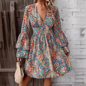 Vestido Mini Boho con Estampado Floral, Cuello en V, Mangas Campana, Cintura Alta, Casual, para Verano, <span class=keywords><strong>Playa</strong></span>, Vacaciones, Venta al Por Mayor - Product Image 5