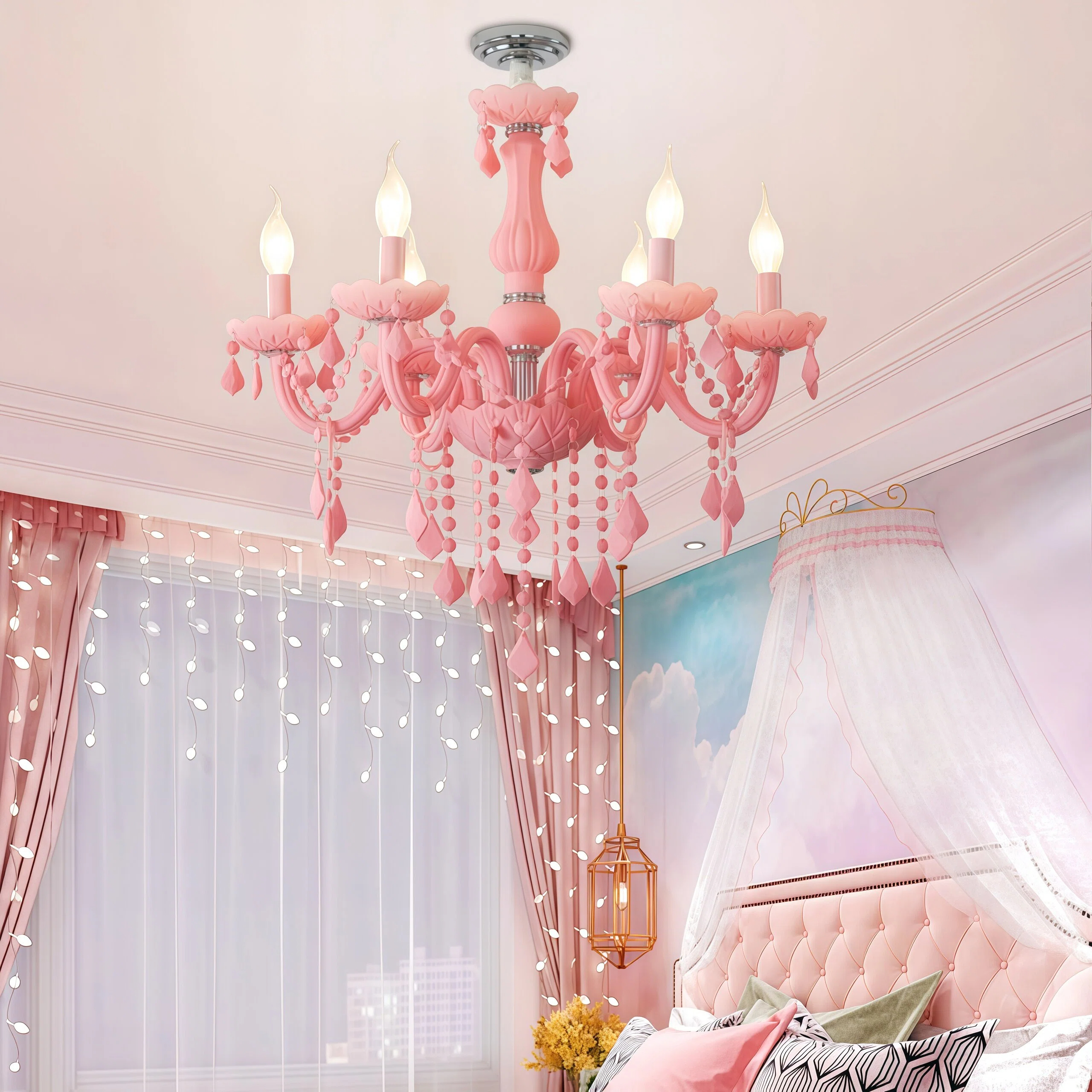JYLIGHTING Princess Pink Glass & Fabric Chandelier CE Certified Whimsical Kids Room Lighting for Bedroom Hotel Playful Decor