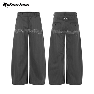 <span class=keywords><strong>กางเกง</strong></span>ทรงโค้งสีเทาสไตล์อเมริกันลำลองแบบยูนิเซ็กซ์ ปักลายโน้ตดนตรี ทรงหลวมขากว้าง - Product Image 3