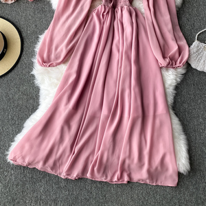 Femmes Slash cou à manches longues robe mi-longue femme jaune/rouge/rose taille haute à volants grande balançoire robes en mousseline de soie mode grande balançoire - Product Image 3