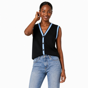 Top Primaverile Chic da Donna Garson con LOGO Personalizzato, Nero, Scollo a V Profondo, Senza Maniche, Bottoni Frontali, Bordi a Contrasto, in Maglia di Poliestere ad Asciugatura Rapida - Product Image 1